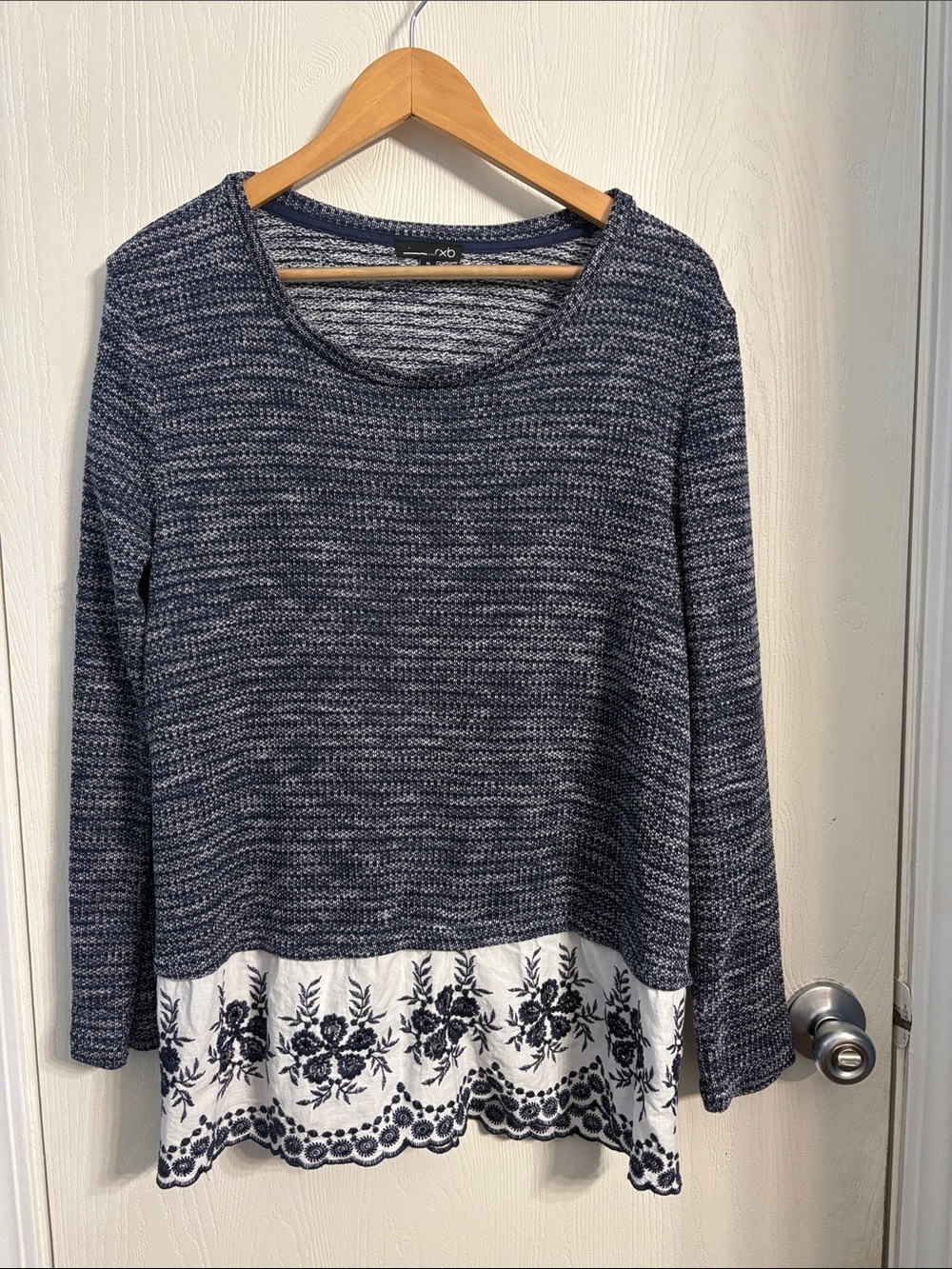 RXB Navy and White Crewneck Sweater with Embroidered Hem Detail